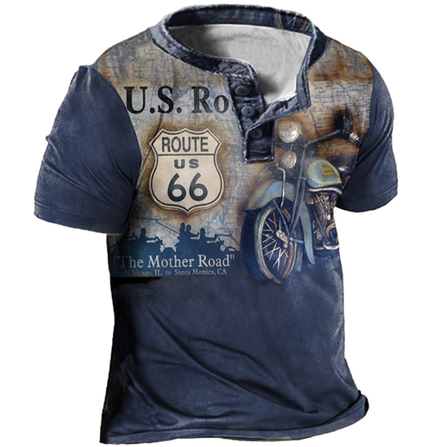 

Route 66 Motorcycle Vintage Print Men's Outdoor Henley Collar T-Shirt