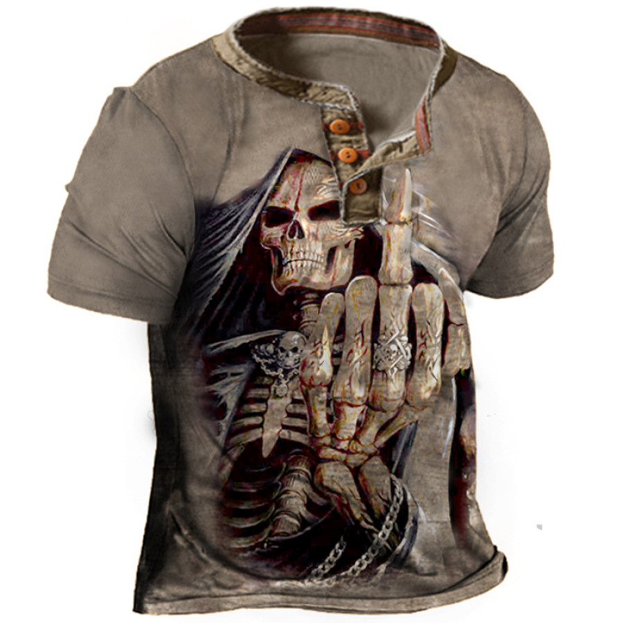 

Vintage Skull Print Men's Henley Tactical Short Sleeve T-Shirt