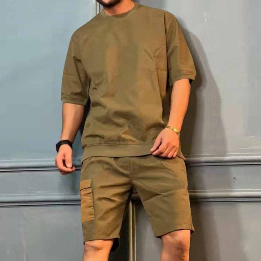 

Men's Sports Suit Multi-pocket Casual Short Sleeve Shorts Set