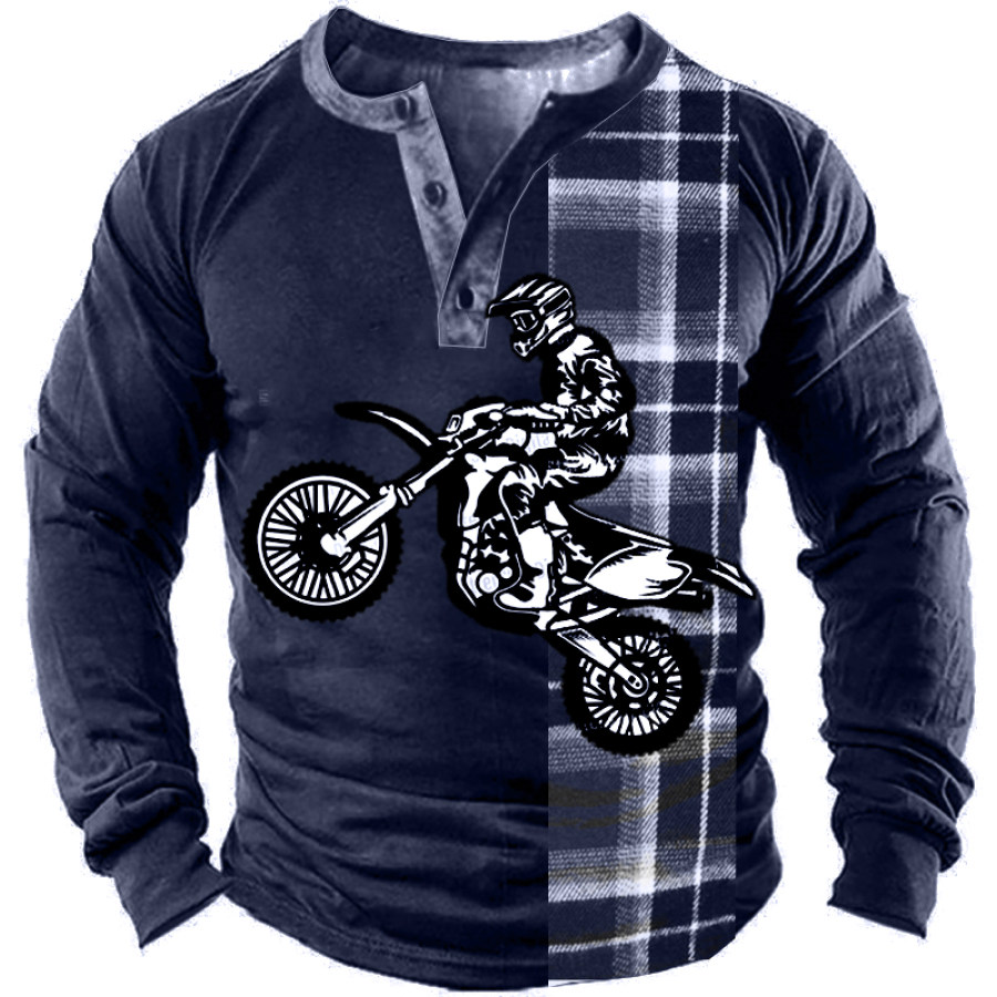 

Men's Retro Navy Blue Plaid Motorcycle Print Long Sleeve T-Shirt