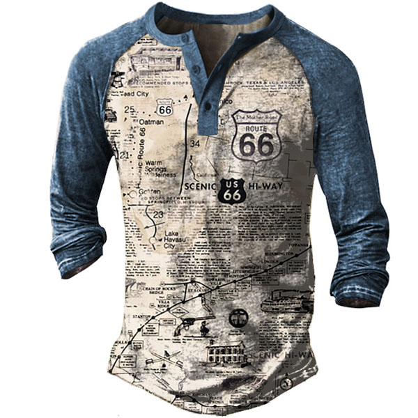 Men's Map Route 66 Print Chic Henley Long Sleeve T-shirt