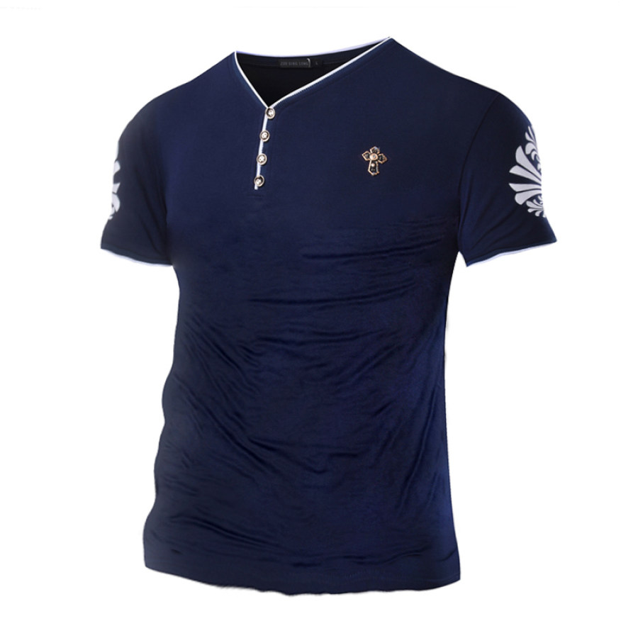 

Men's V-Neck Button Armband Print Short Sleeve T-Shirt