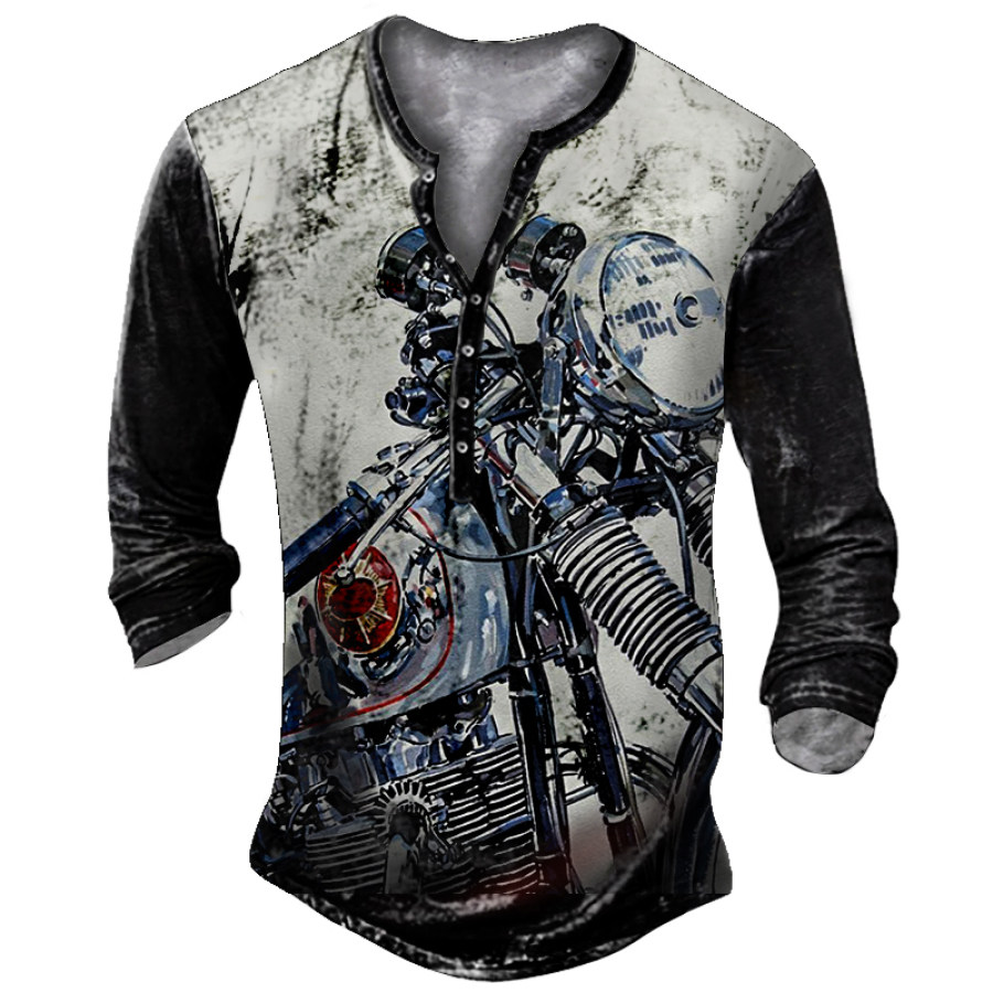 

Men's Vintage Motorcycle Print Henley Collar Long Sleeve T-Shirt