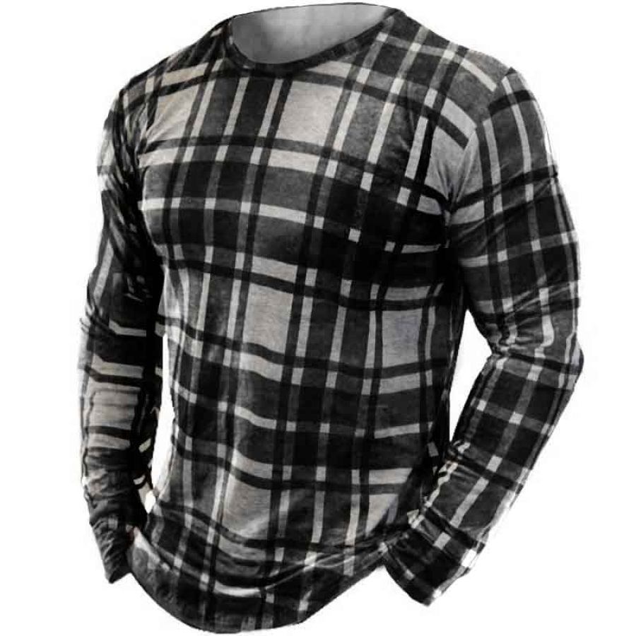 

Men's Vintage Black White Plaid Long Sleeve T-Shirt