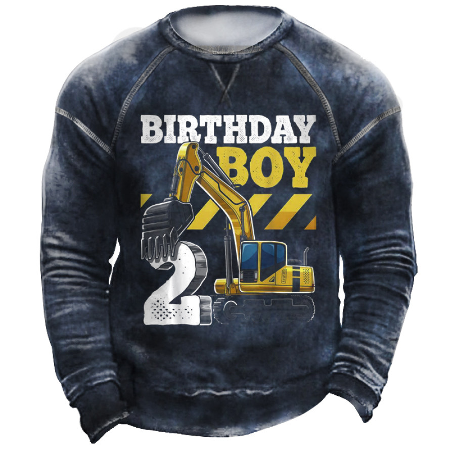 

2nd Birthday Excavator Construction Vehicle Men's Vintage Print Sweatshirt