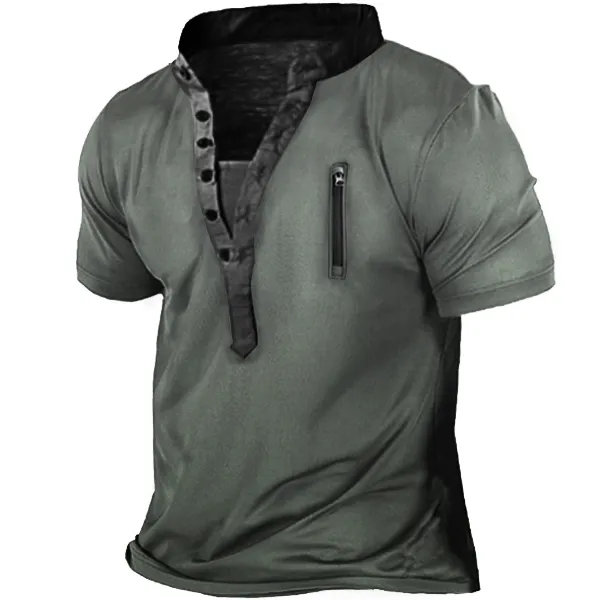 Men's Outdoor Zip Retro Print Tactical Heney Short Sleeve T-Shirt - Blaroken.com 
