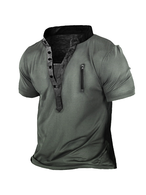 Plus Size Men's Outdoor Zip Retro Print Tactical Heney Short Sleeve T-Shirt