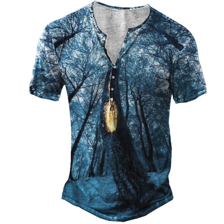 

Men's Forest Print Henley Short Sleeve T-Shirt