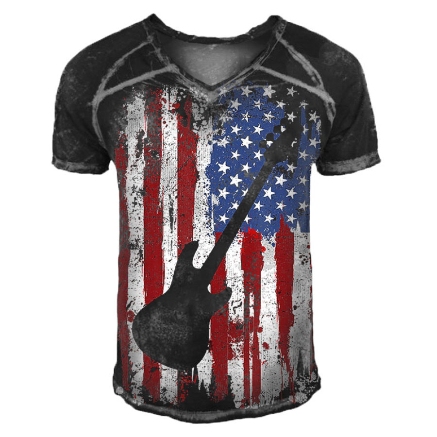 

Men's Outdoor Guitar American Flag Print T-Shirt