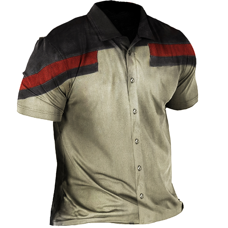 Vintage Motorcycle Contrast Color Print Chic Men's Tactical Short Sleeve Shirt