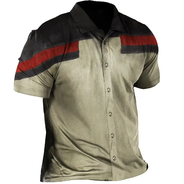Vintage Motorcycle Contrast Color Print Men's Tactical Short Sleeve Shirt - Mosaicnew.com 