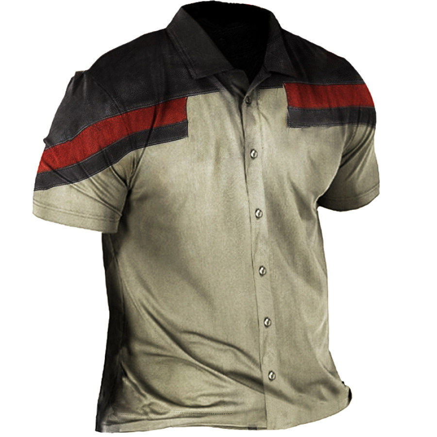 Vintage Motorcycle Contrast Color Print Men's Tactical Short Sleeve Shirt