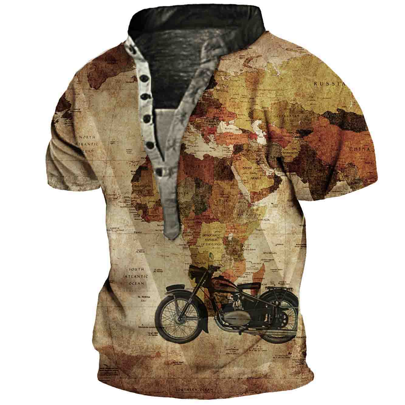 Men's Outdoor Vintage World Chic Map Motorcycle Henley Collar T-shirt