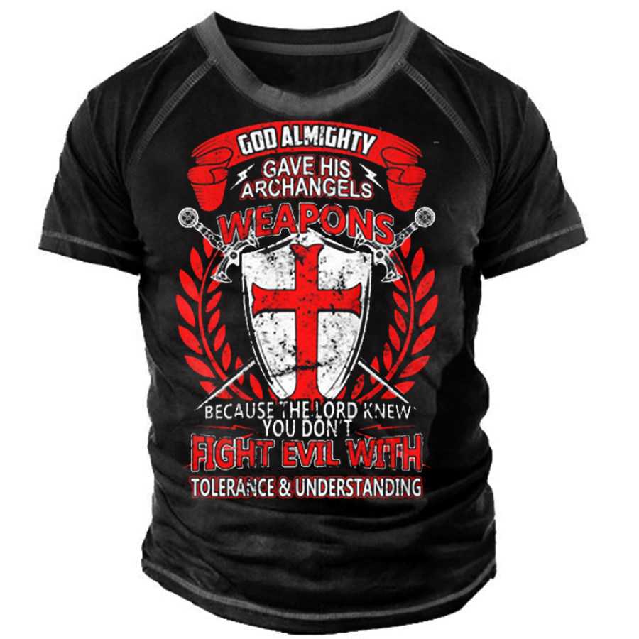 

God Almighty Gave His Archangels Weapons Men's Templar Cross Faith Print T-Shirt
