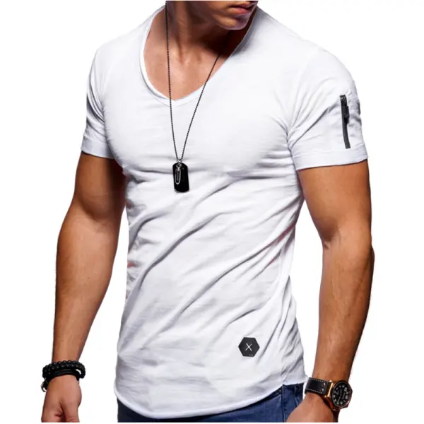Men's Cuff Zipper Pocket Color Cotton Breathable T-Shirt - Kalesafe.com 