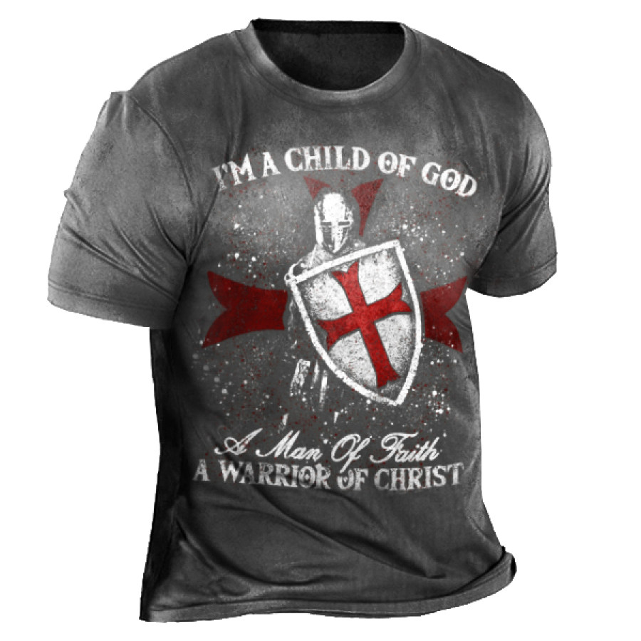 

I'am A Child Of God A Man Of Faith A Warrior Of Christ Men's Templar Jesus Cross Vintage Print T-shirt