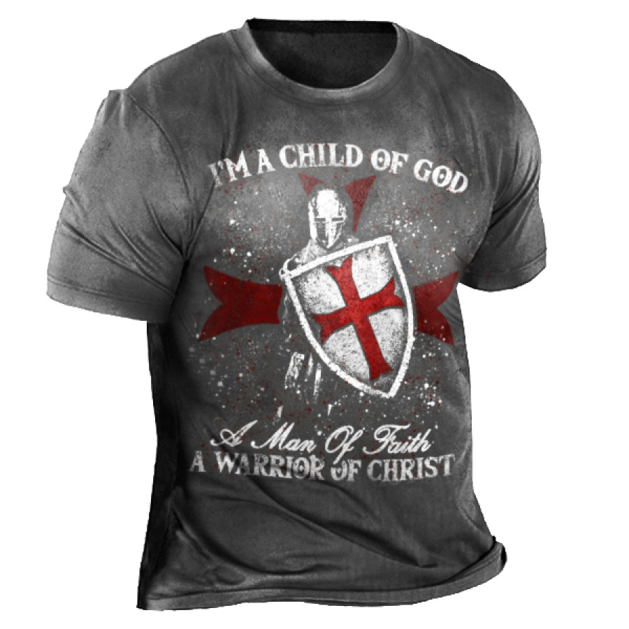 

I'am A Child Of God A Man Of Faith A Warrior Of Christ Men's Templar Jesus Cross Vintage Print T-shirt