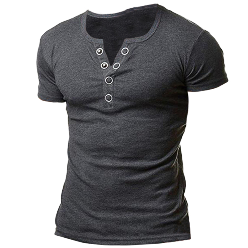 Men's Metal Button V-neck Chic Short Sleeve T-shirt