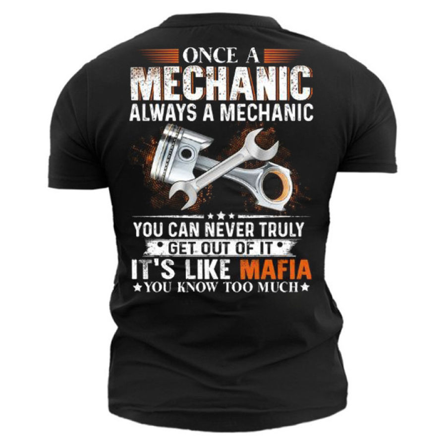

Мужская хлопковая футболка с принтом Once A Mechanic Always A Mechanic