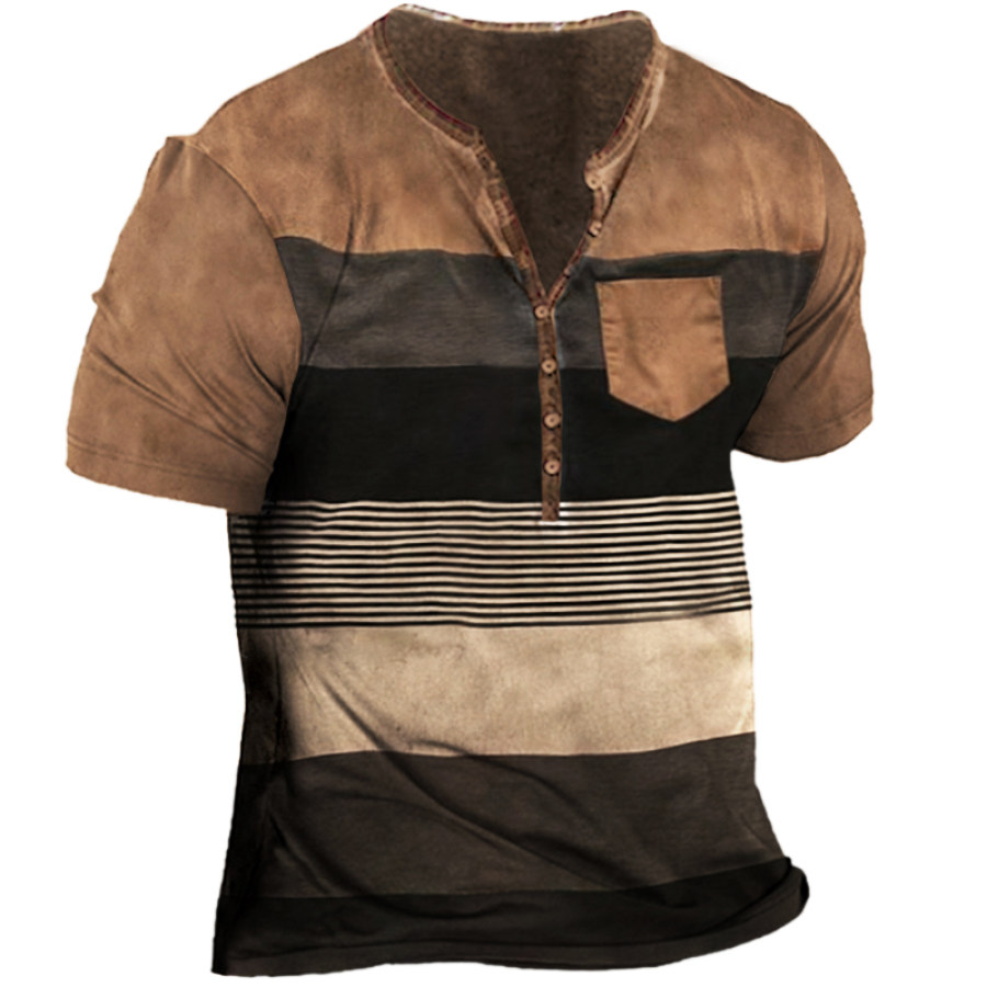 

Contrast Color Stripe Vintage Print Men's Outdoor Pocket Henley Tactical T-Shirt