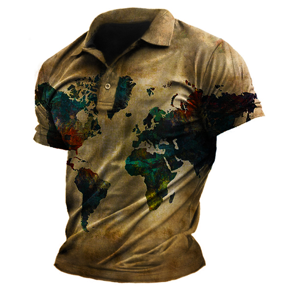 Men's Outdoor Vintage World Chic Map Polo T-shirt