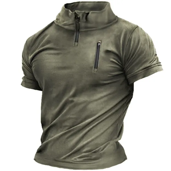 Men's Outdoor Zip Half Collar Tactical Short Sleeve T-Shirt - Mosaicnew.com 