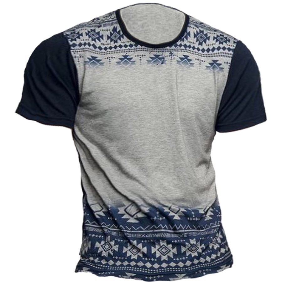

Men's Vintage Ethnic Print Colorblock T-Shirt