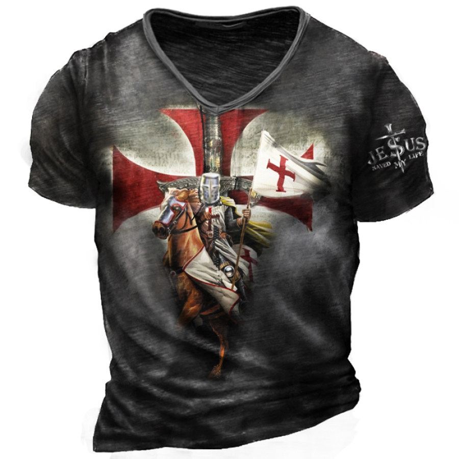 

Christian Jesus Cross Templar Jesus Cross Men's Vintage V Neck Short Sleeve T-Shirt