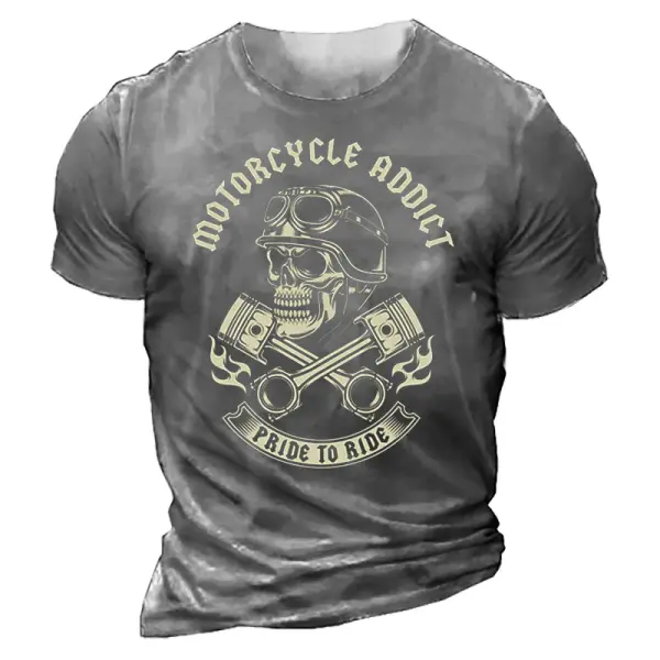 Motorcycle Addict Skull Print Men's Crew Neck T-shirt - Kalesafe.com 