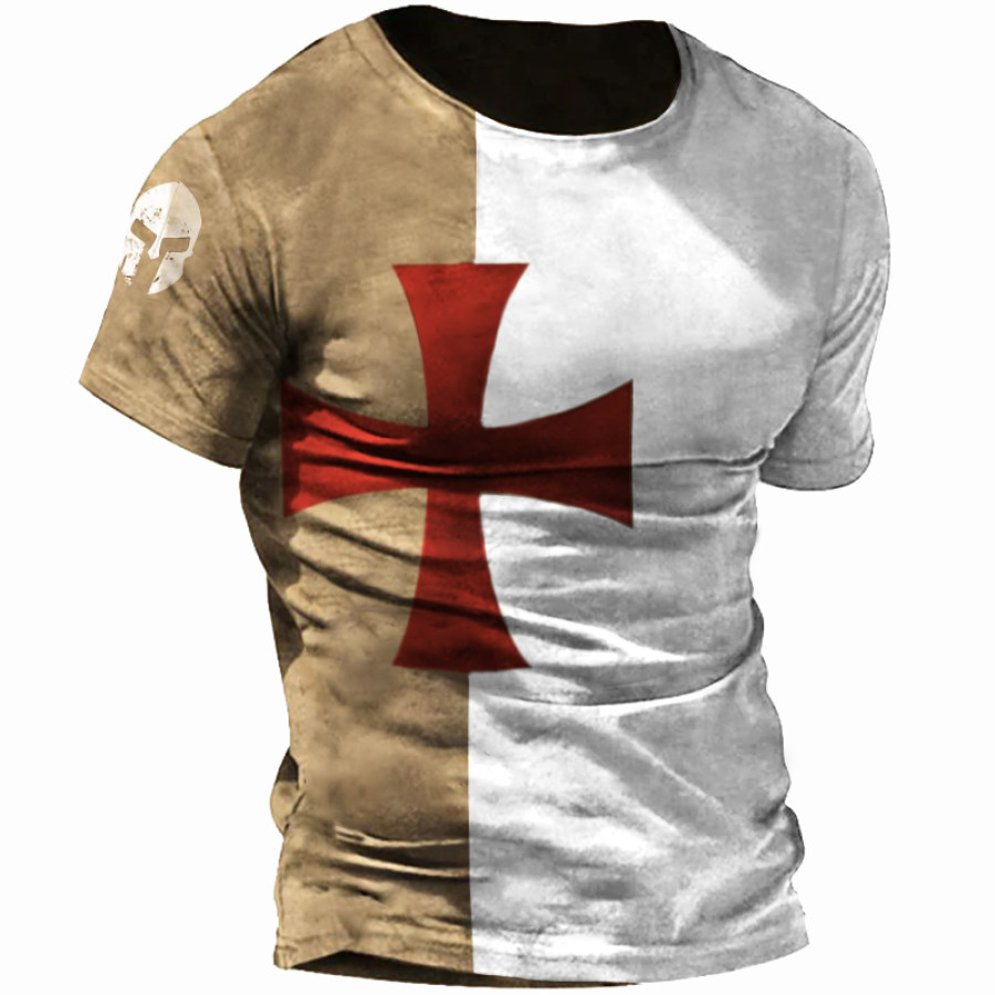 

Jesus Cross Spartan Warrior Mask Men Outdoor Retro Short Sleeve T-Shirt