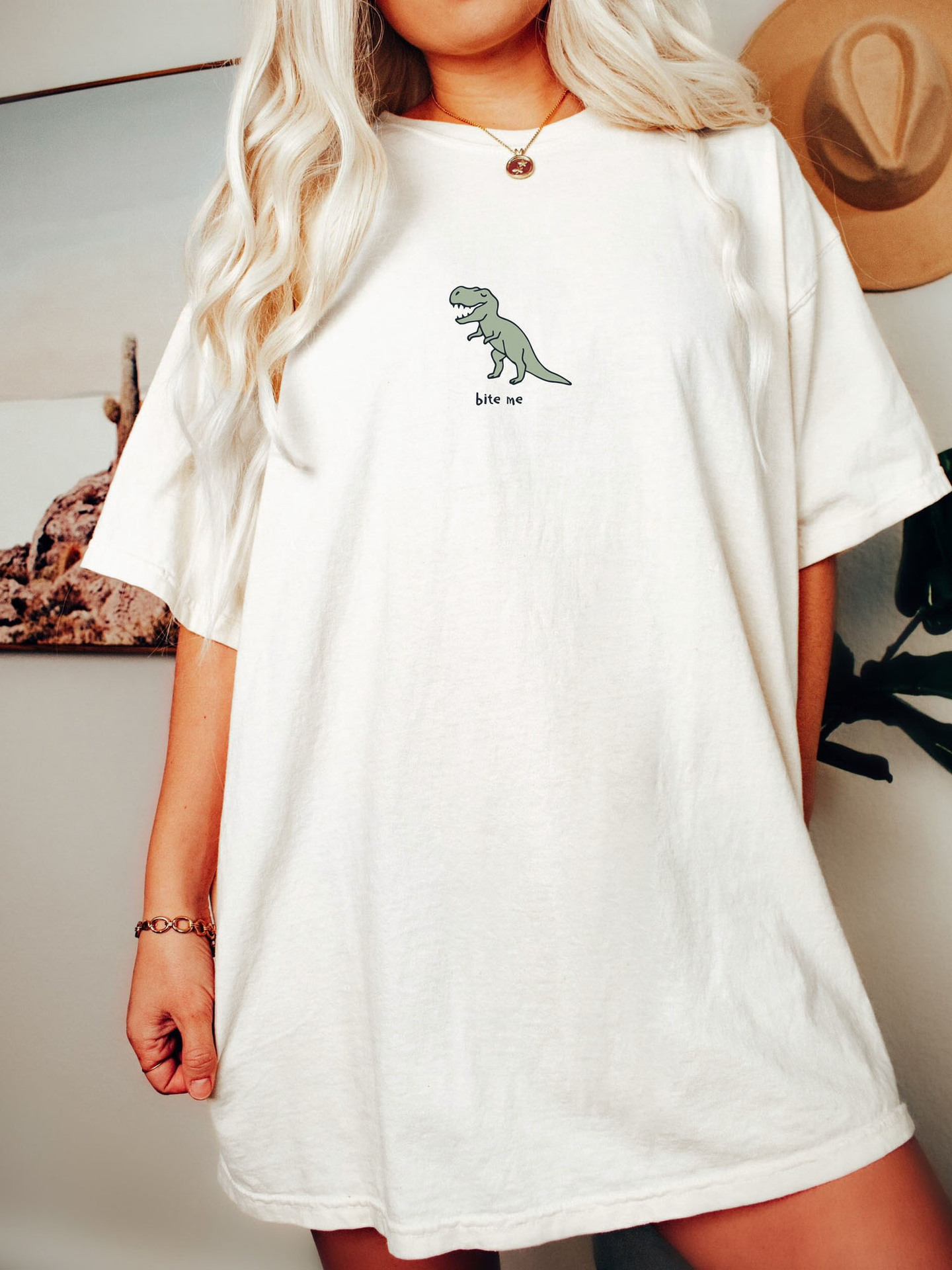 Women's Dinosaur Bite Me Print Chic Cotton Oversized T-shirt