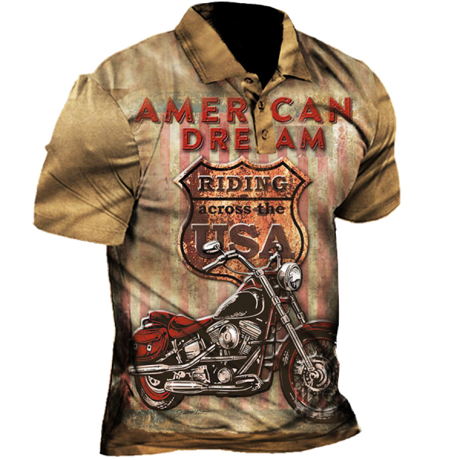 

American Flag Motorcycle Vintage Print Men's Polo Neck Short Sleeve T-Shirt