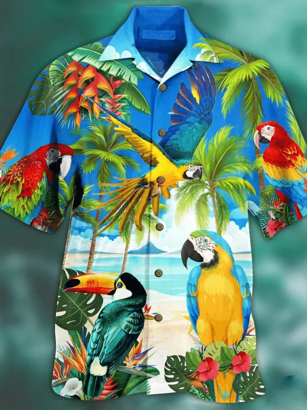 Men's Bird Seaside Beach Short Sleeve Shirt - Oasisjoy.com 