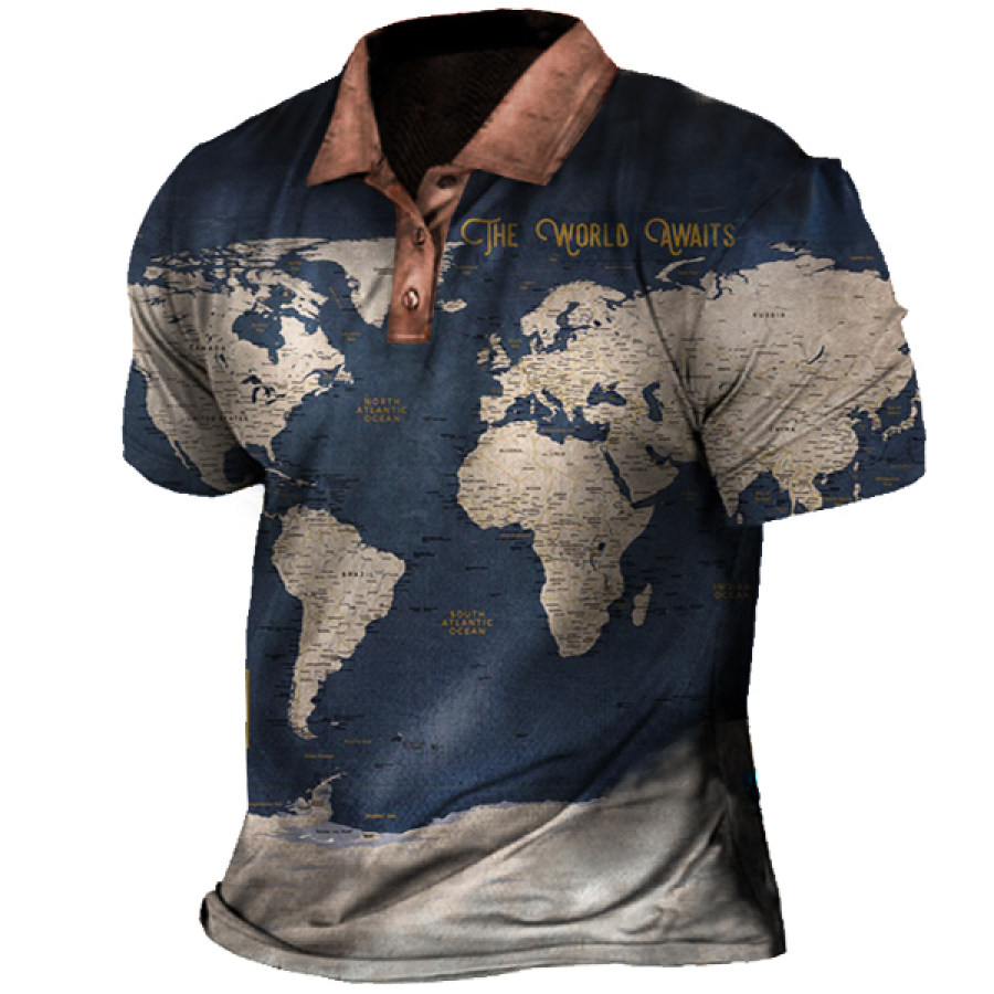 

World Map Men's Vintage Polo Neck Short Sleeve T-Shirt