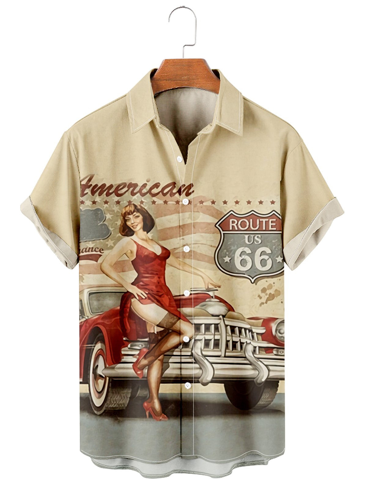 Men's Retro American Car Chic Route 66 Print Casual Shirt