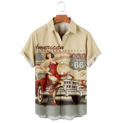 Men's Retro American Car Route 66 Print Casual Shirt