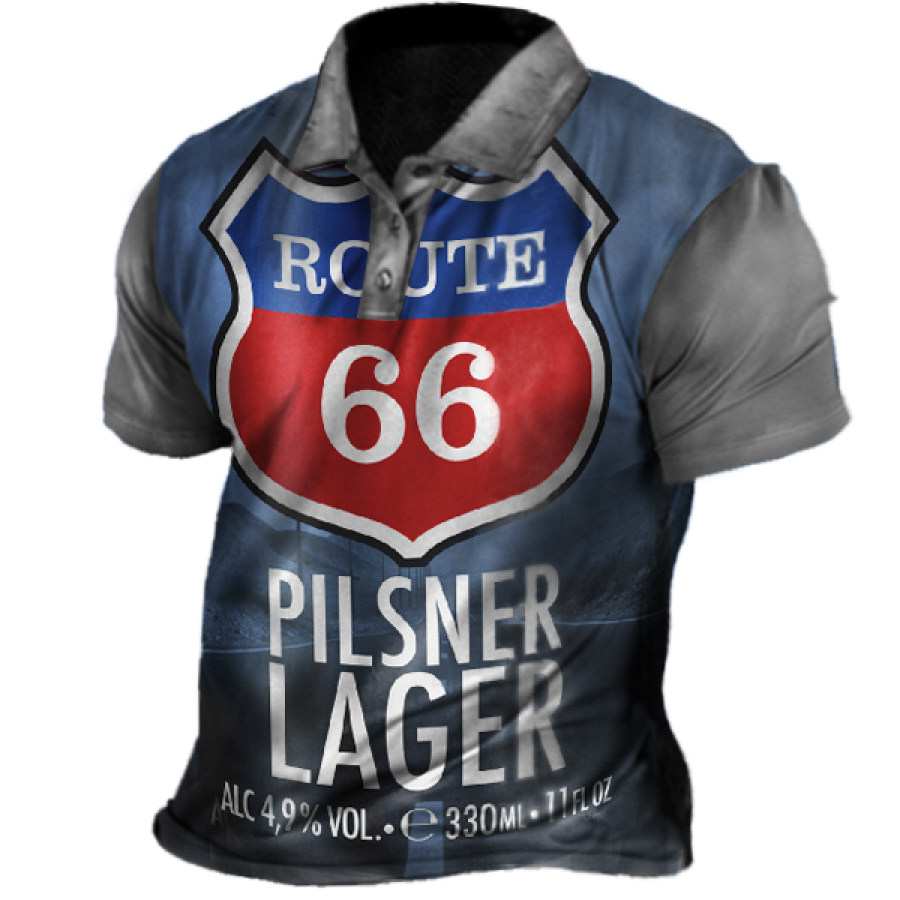 

Route 66 Beer Men's Vintage Print Polo Neck Short Sleeve T-Shirt