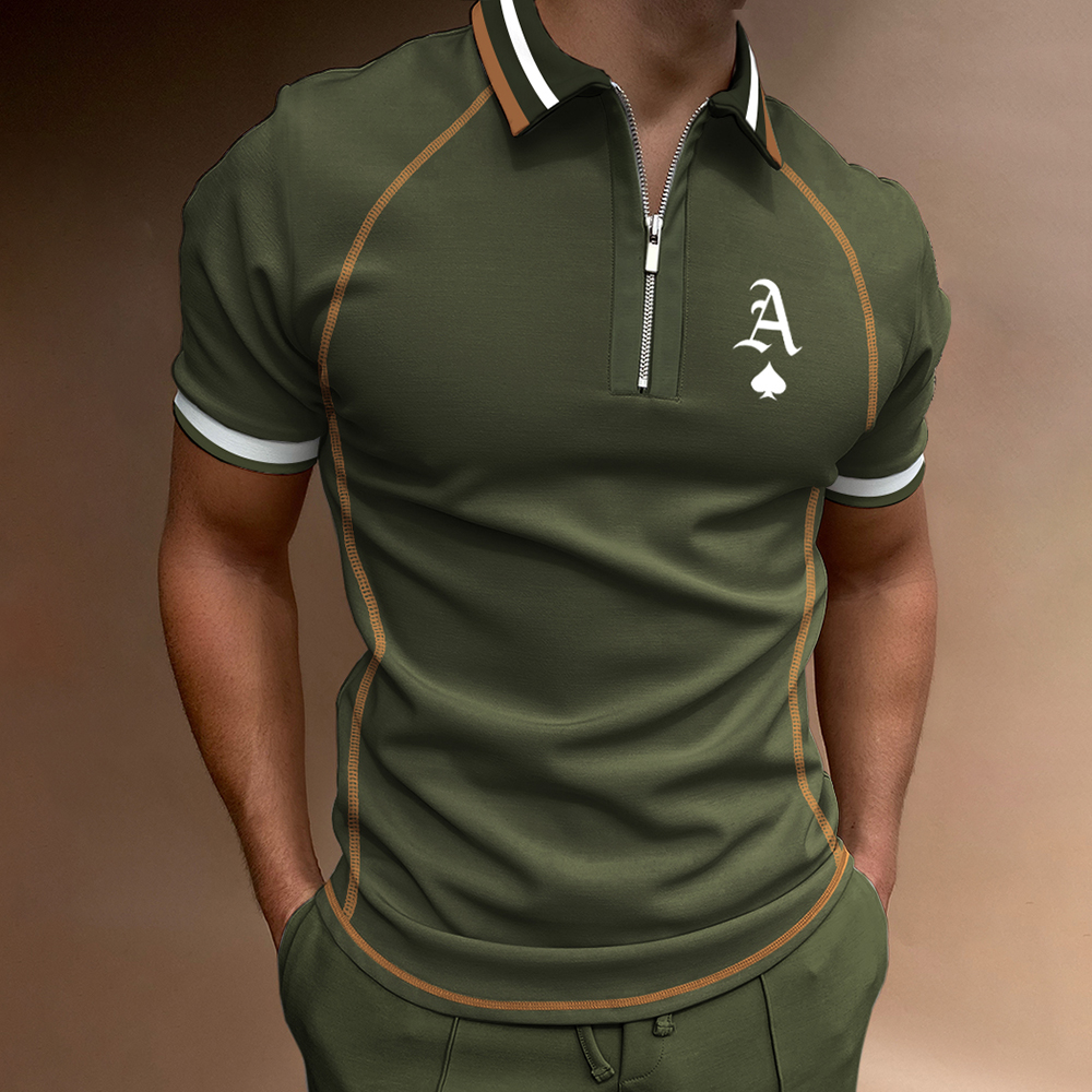 Men's Casual Poker Ace Print Chic Color Matching Short Sleeve Zipper Polo Shirt