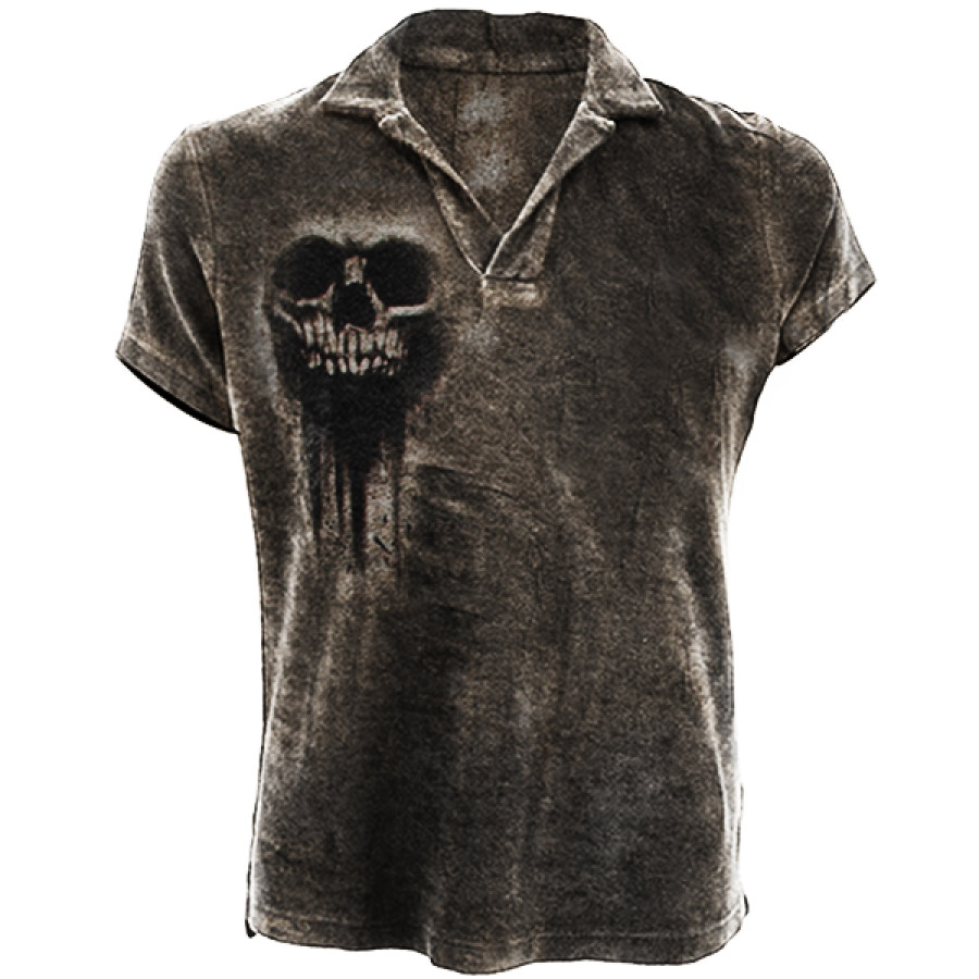 

Men's Half Short Sleeve Skull Print Henley Lapel T-Shirt