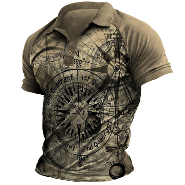 Men's Outdoor Vintage Nautical Chic Compass Print Polo Collar Shirt