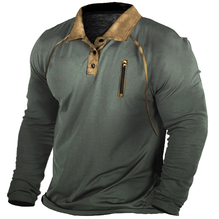 

Men's Outdoor Zip Retro Print Tactical Polo Long Sleeve T-Shirt