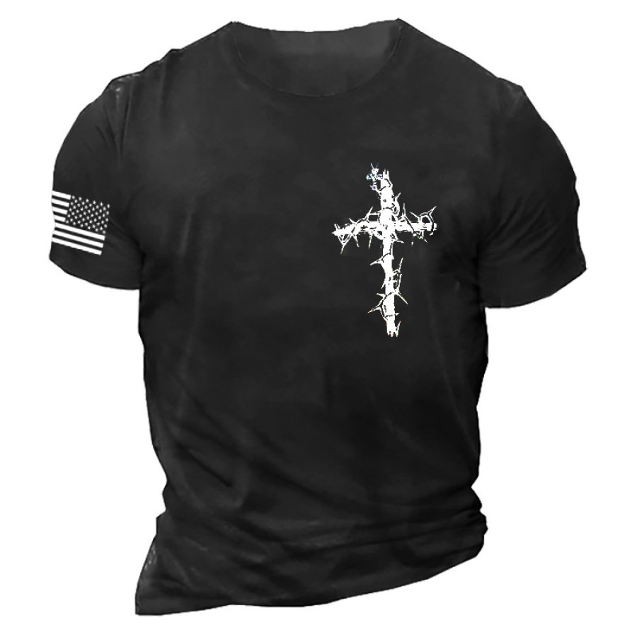 

Men's American Flag Cross Print Crew Neck T-Shirt