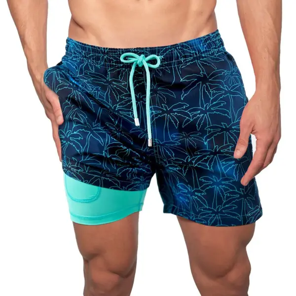 Men's Hawaiian Resort Print Double Layer Beach Shorts - Fineyoyo.com 