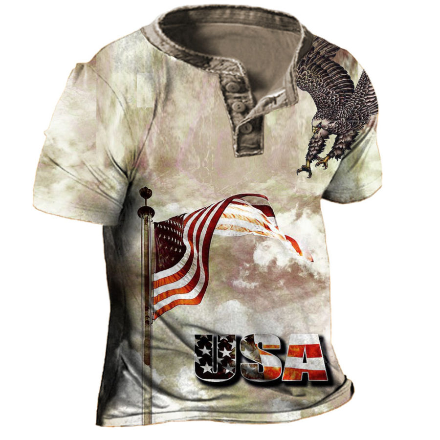 

Men's American Flag Eagle Henley Short Sleeve T-Shirt