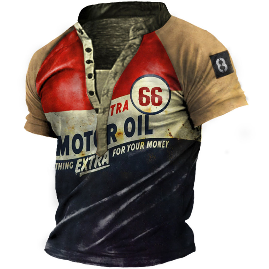 

Route 66 Oil Men's Vintage Print Tactical Henley Short Sleeve T-Shirt