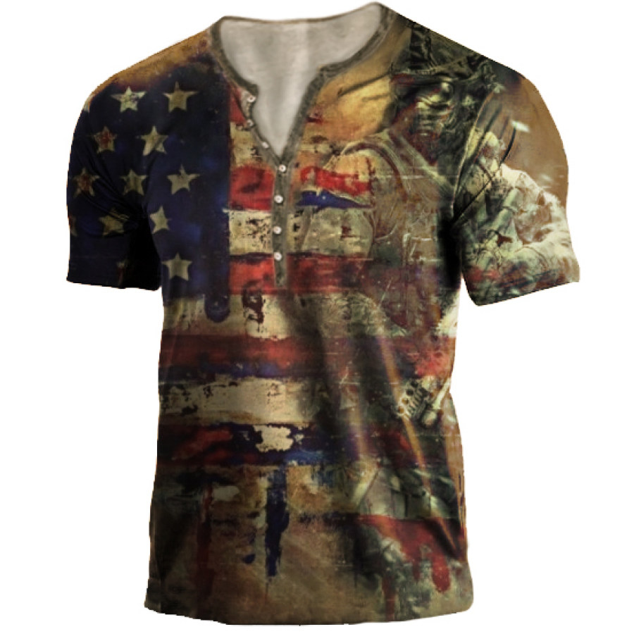 

Men's American Flag Soldier Outdoor Print Henry Short Sleeve T-Shirt