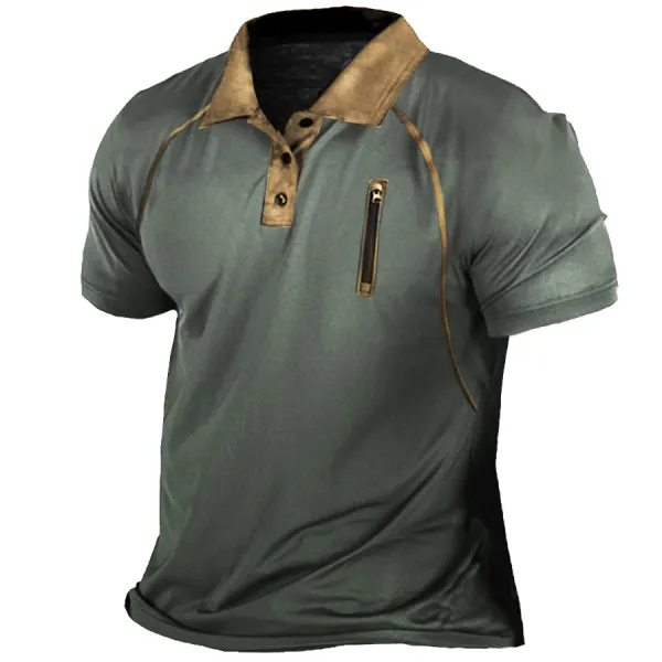 Men's Outdoor Zip Retro Print Tactical Polo Short Sleeve T-Shirt - Sanhive.com 