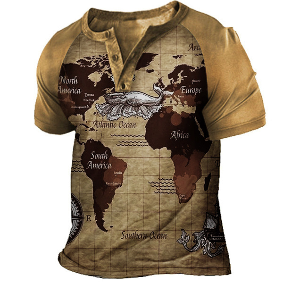 

Men's Vintage World Map Print Henley T-Shirt