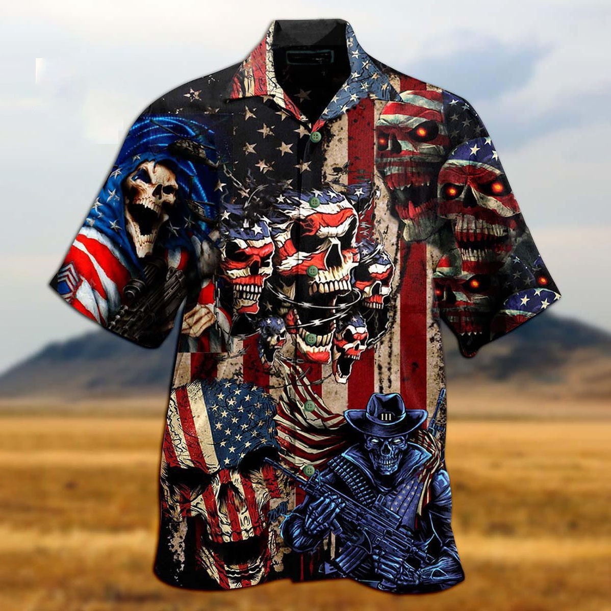 Men's American Flag Skull Chic Beach Short Sleeve Shirt