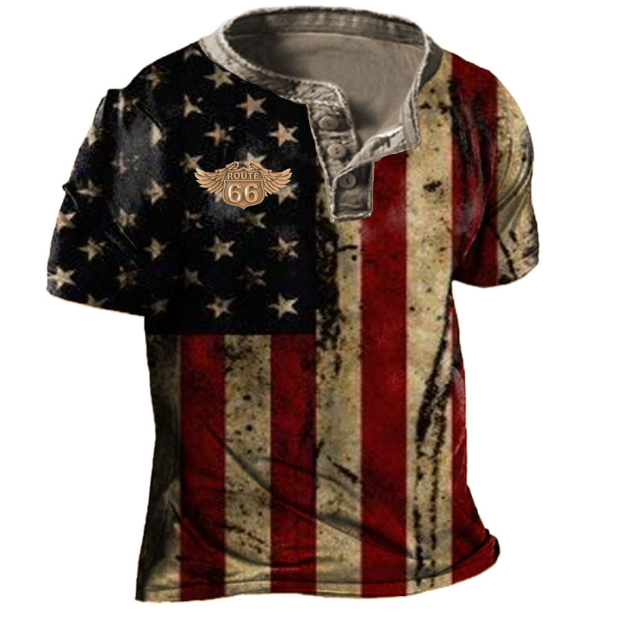 

Men's Flag Route 66 Henley Short Sleeve T-Shirt